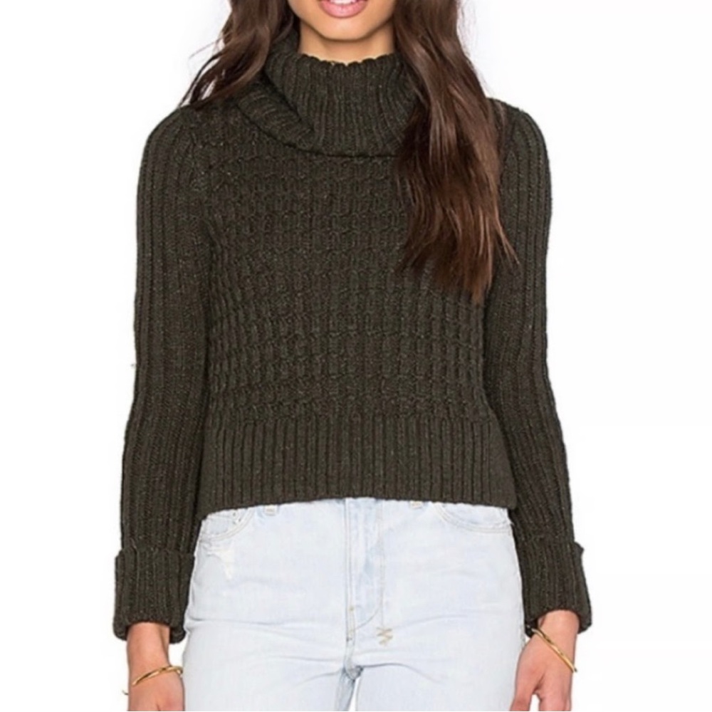 Free People Green Twisted Cable Cropped Turtleneck Sweater